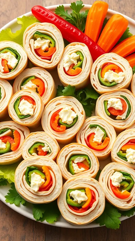A platter of colorful turkey pinwheels with cream cheese, garnished with fresh vegetables.