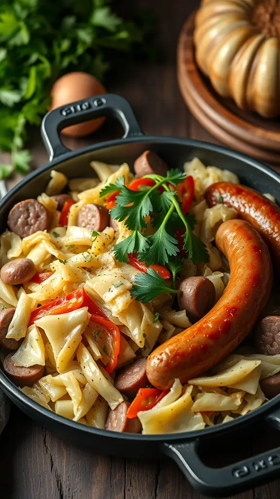 A skillet filled with cabbage, sausage, and colorful peppers, garnished with fresh herbs.