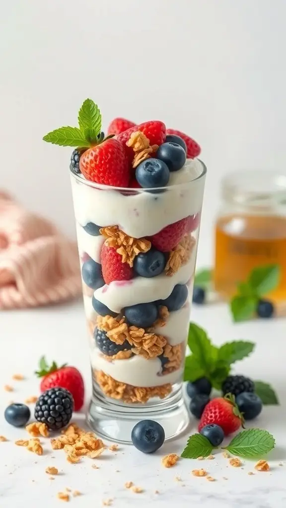 A delicious Greek yogurt parfait with layers of yogurt, berries, and granola in a glass.
