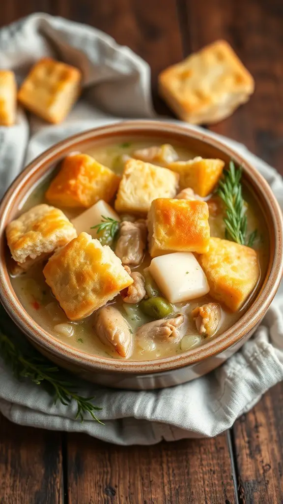 A bowl of chicken pot pie topped with biscuits, surrounded by a cozy setting.