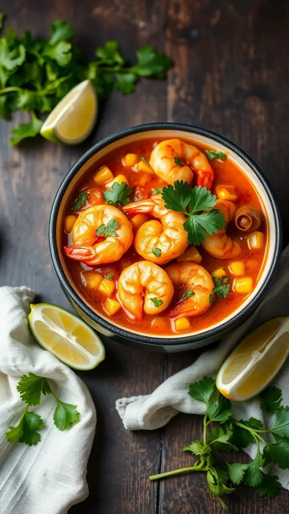 A bowl of spicy shrimp and corn stew garnished with cilantro and lime.