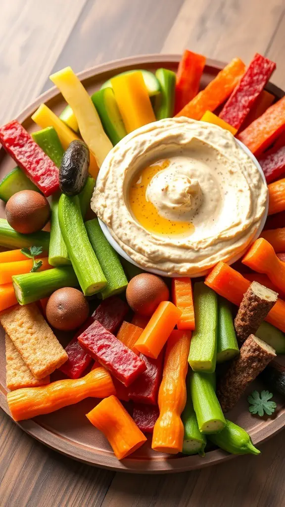 A colorful platter of crunchy veggie sticks including bell peppers, celery, and carrots, served with a bowl of hummus.