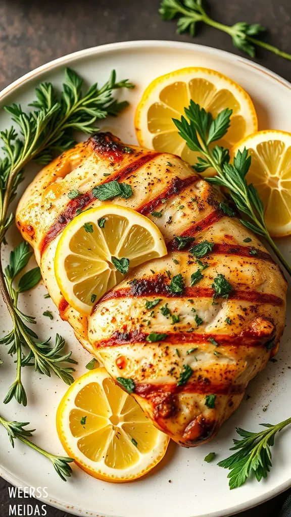 Grilled chicken breast garnished with lemon slices and fresh herbs.