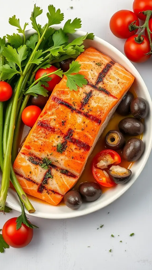 Grilled salmon fillet with olives, cherry tomatoes, and parsley on a white plate.