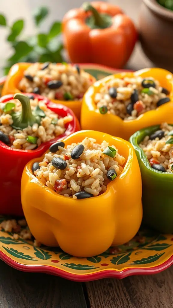 Colorful stuffed bell peppers filled with rice and beans on a decorative plate.