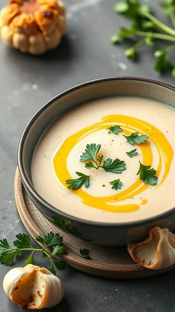 A bowl of roasted cauliflower and garlic soup garnished with parsley and olive oil, with roasted garlic in the background.