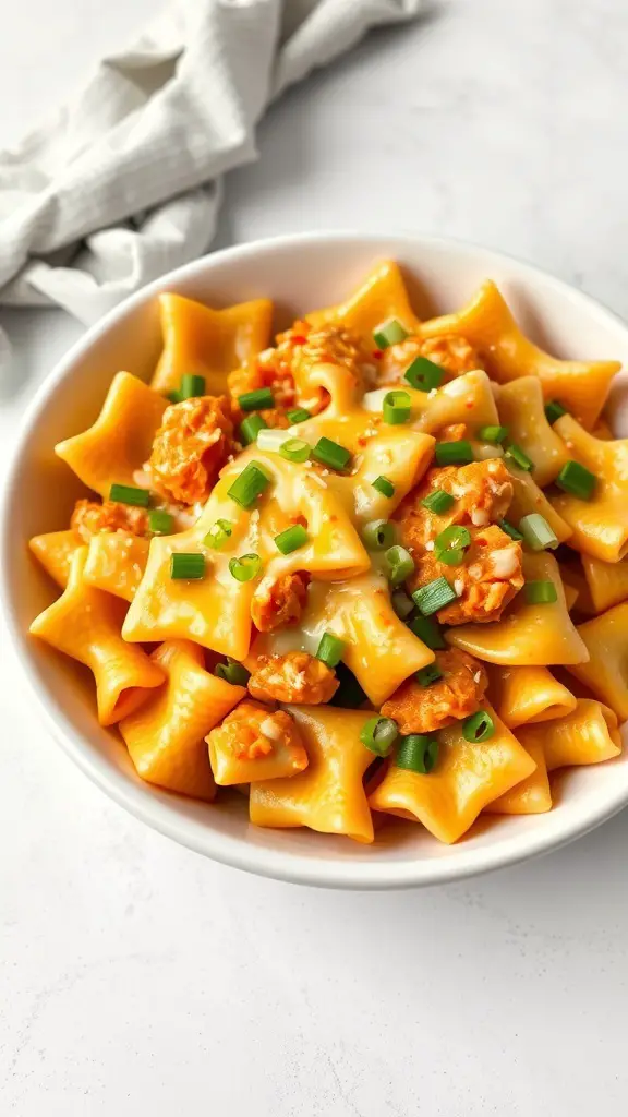 A bowl of Buffalo Chicken Bow Tie Pasta Bake topped with green onions.