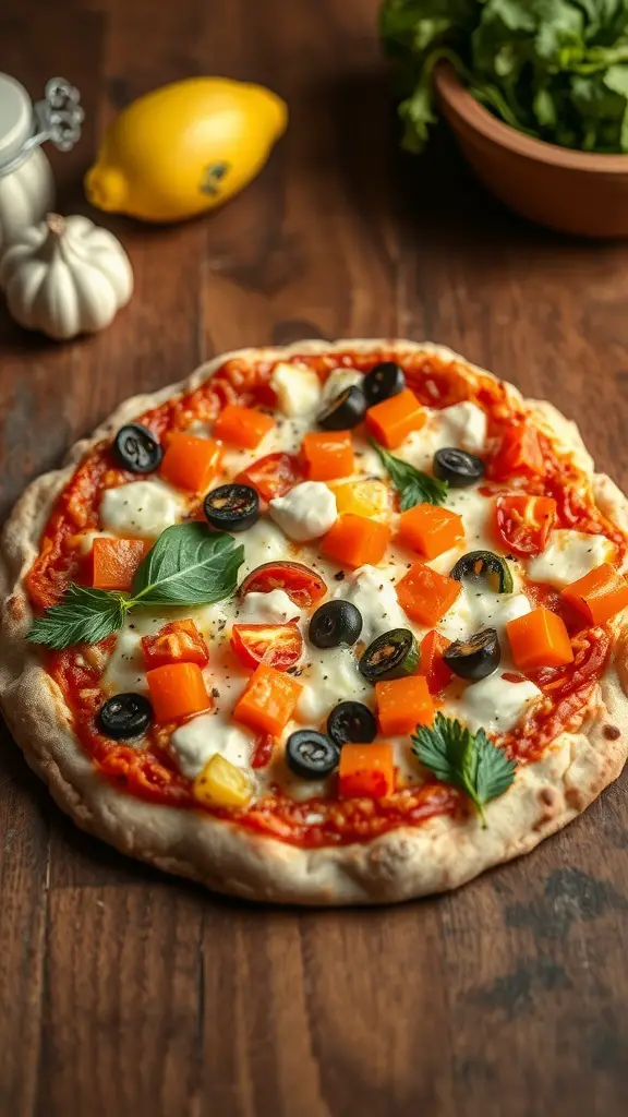A colorful pizza topped with vegetables on a wooden table.