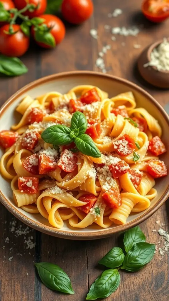 A bowl of creamy tomato basil rigatoni topped with fresh basil and Parmesan cheese, surrounded by ripe tomatoes and basil leaves.