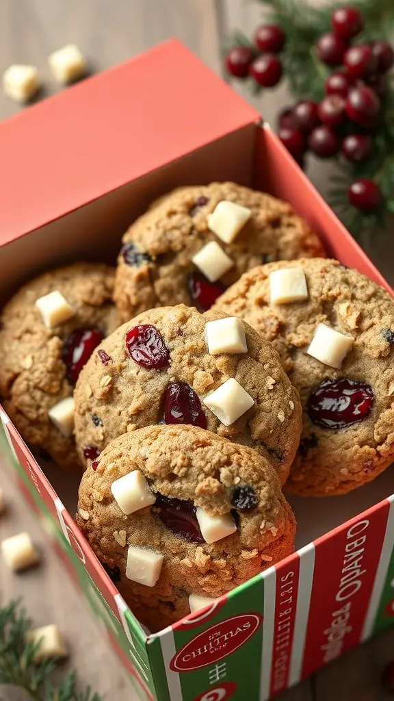 A box filled with cranberry oatmeal cookies topped with white chocolate chunks, surrounded by festive decorations.