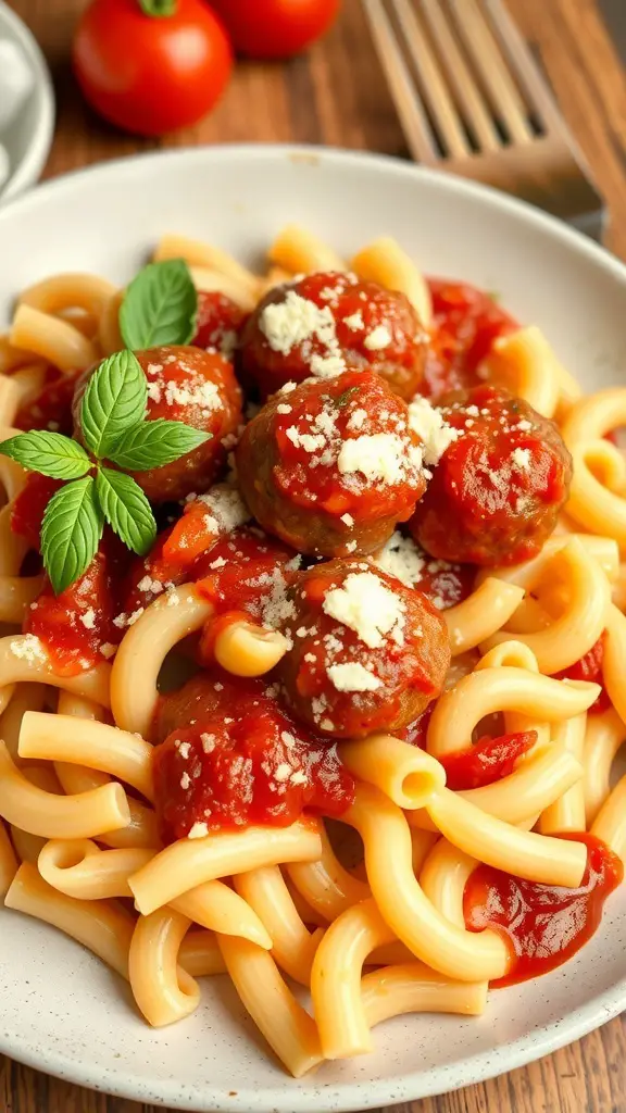 A plate of elbow pasta topped with meatballs and tomato sauce, garnished with herbs and cheese.