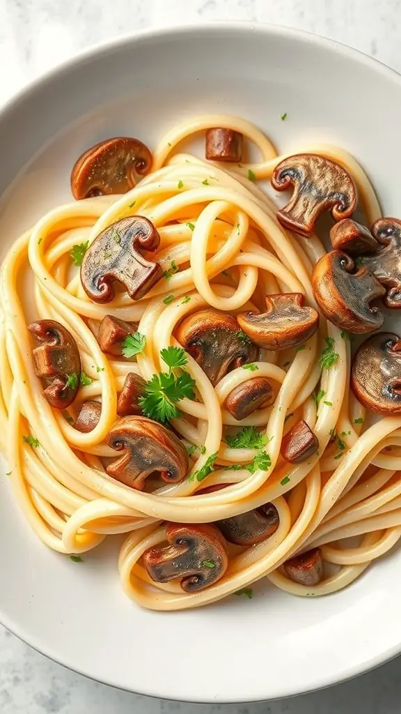 A bowl of cavatappi pasta with mushrooms in a creamy Alfredo sauce, garnished with parsley.