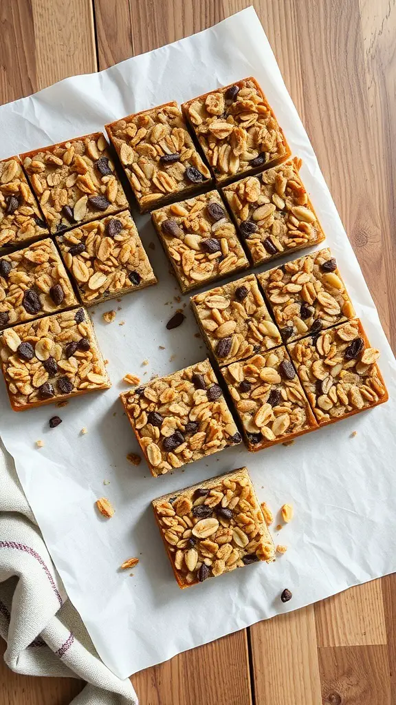 A batch of sourdough discard granola bars cut into squares, arranged on parchment paper.