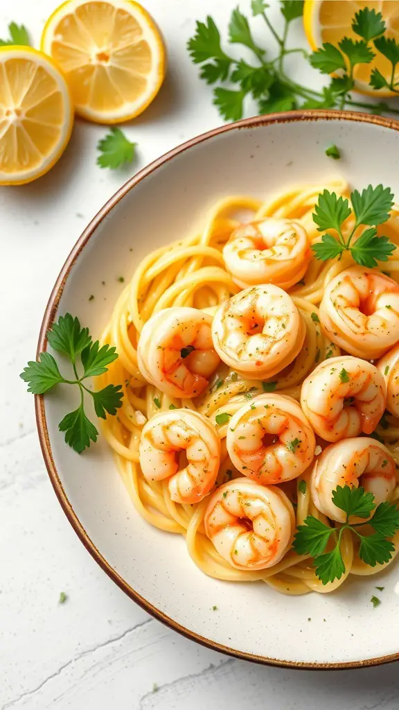 A bowl of Lemon Garlic Shrimp Macaroni with shrimp, macaroni, and lemon slices