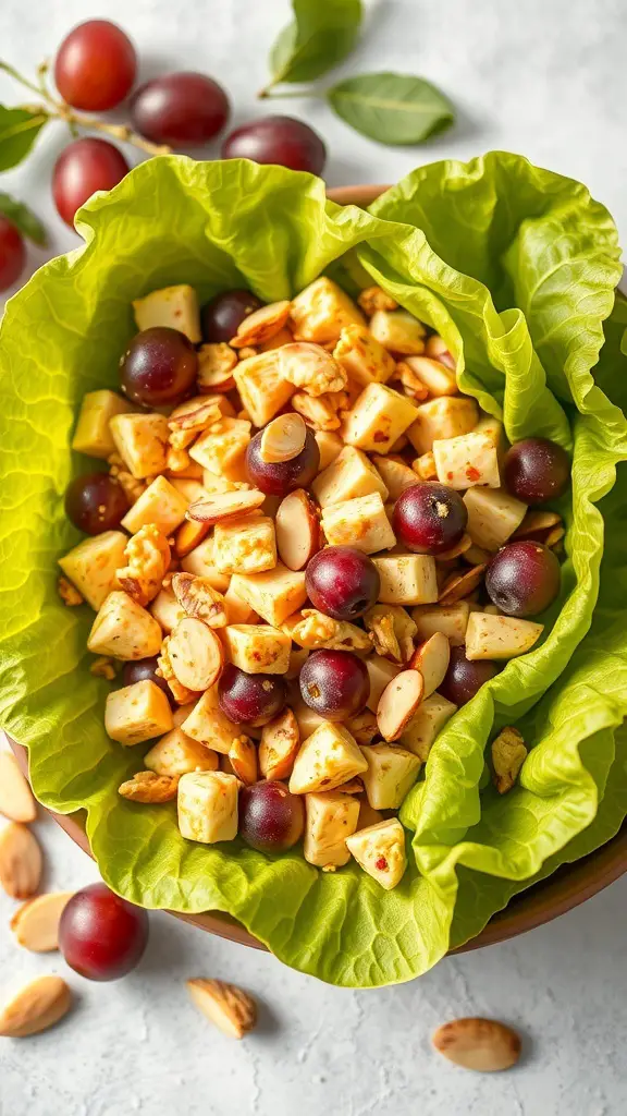 Curried chicken salad with grapes and almonds in lettuce leaves