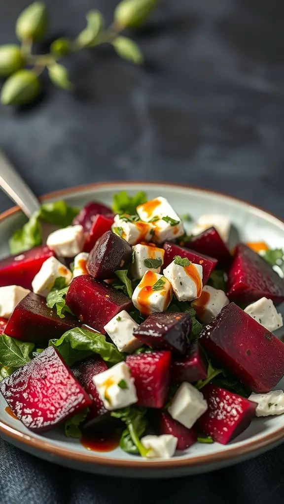 A vibrant salad featuring roasted beets, goat cheese, and fresh greens.