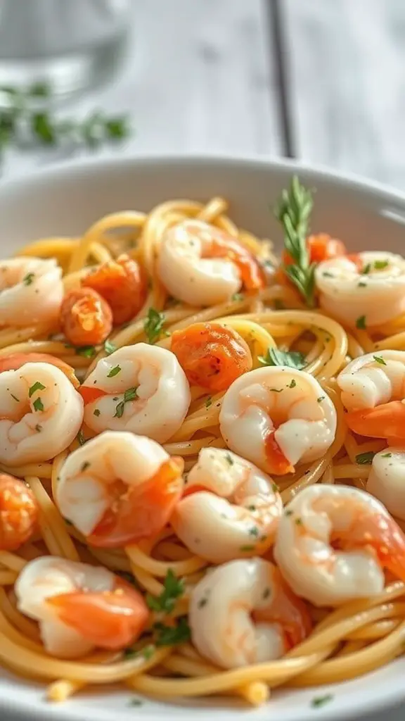 A plate of seafood pasta with shrimp and scallops, garnished with herbs.