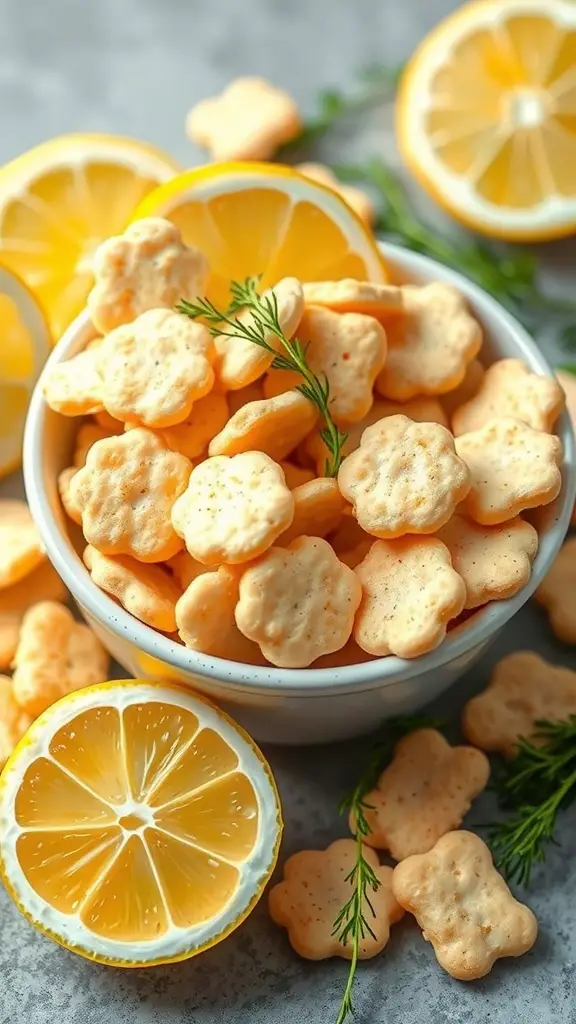 Bowl of zesty lemon dill oyster crackers with lemon slices and dill sprigs