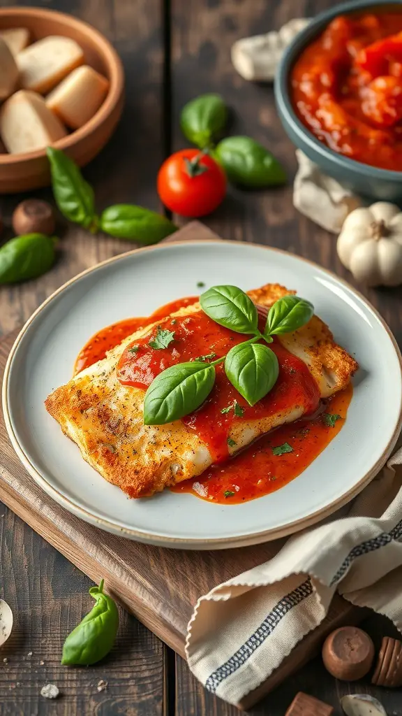 A plate of Italian Style Breaded Tilapia topped with tomato sauce and fresh basil.