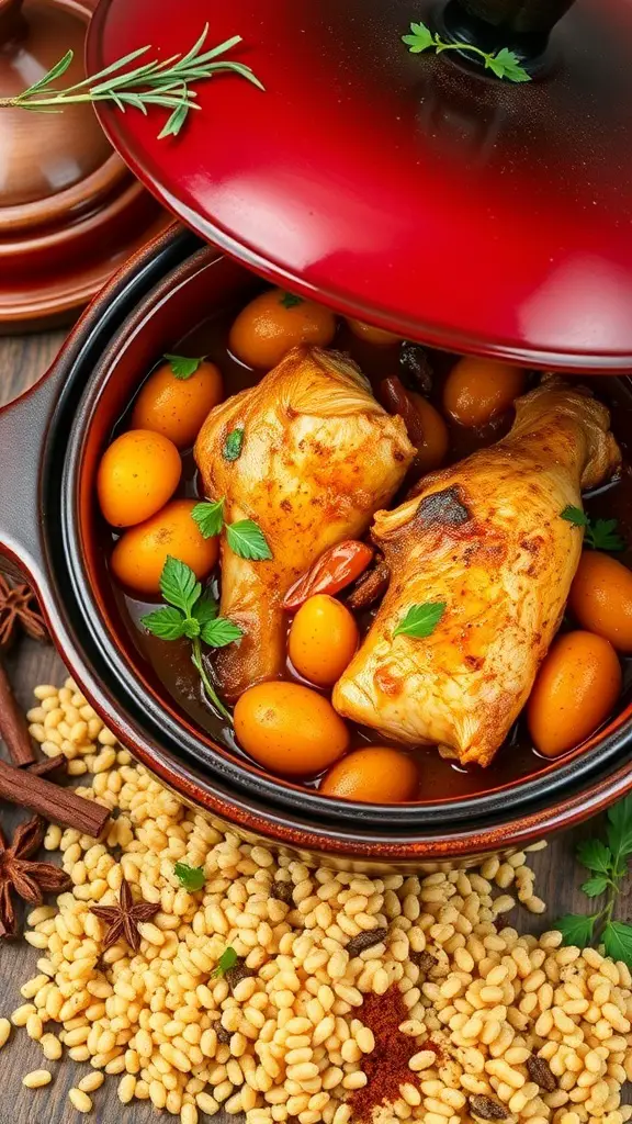 A tagine pot filled with Moroccan chicken, apricots, and spices, surrounded by grains.