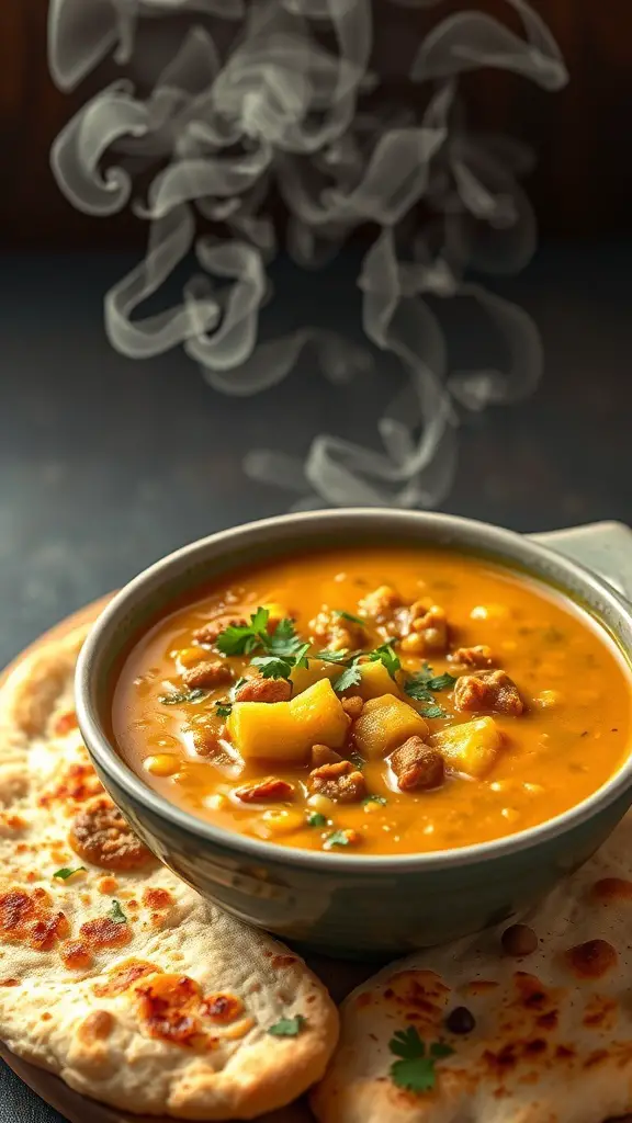 A bowl of curried cauliflower soup with lentils, garnished with cilantro, served with naan bread.