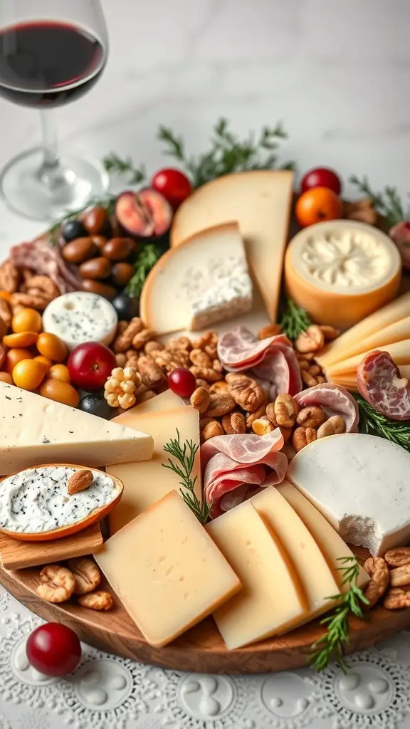 A beautifully arranged cheese and charcuterie board with various cheeses, cured meats, nuts, and fresh fruits.
