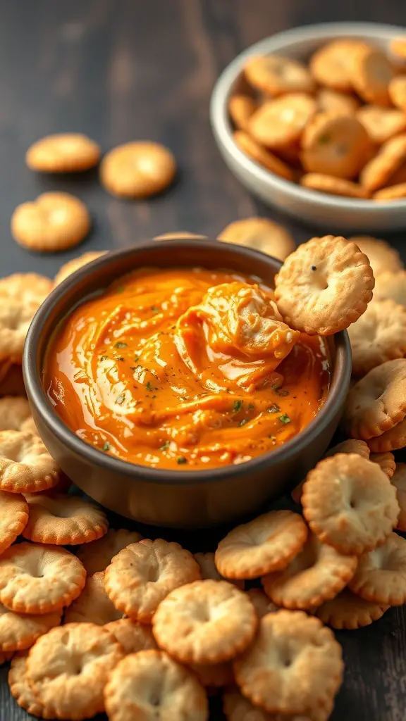 A bowl of creamy buffalo chicken dip surrounded by Ritz crackers