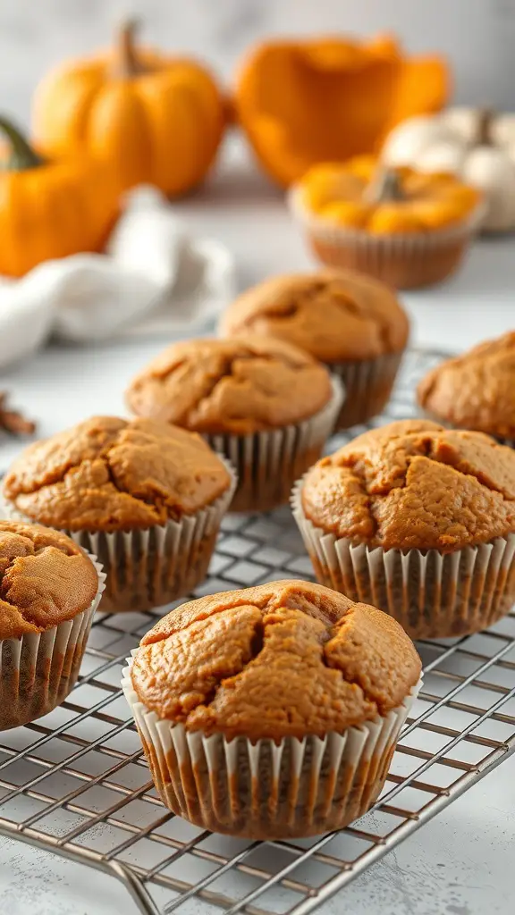 Freshly baked pumpkin spice muffins cooling on a rack with pumpkins in the background.