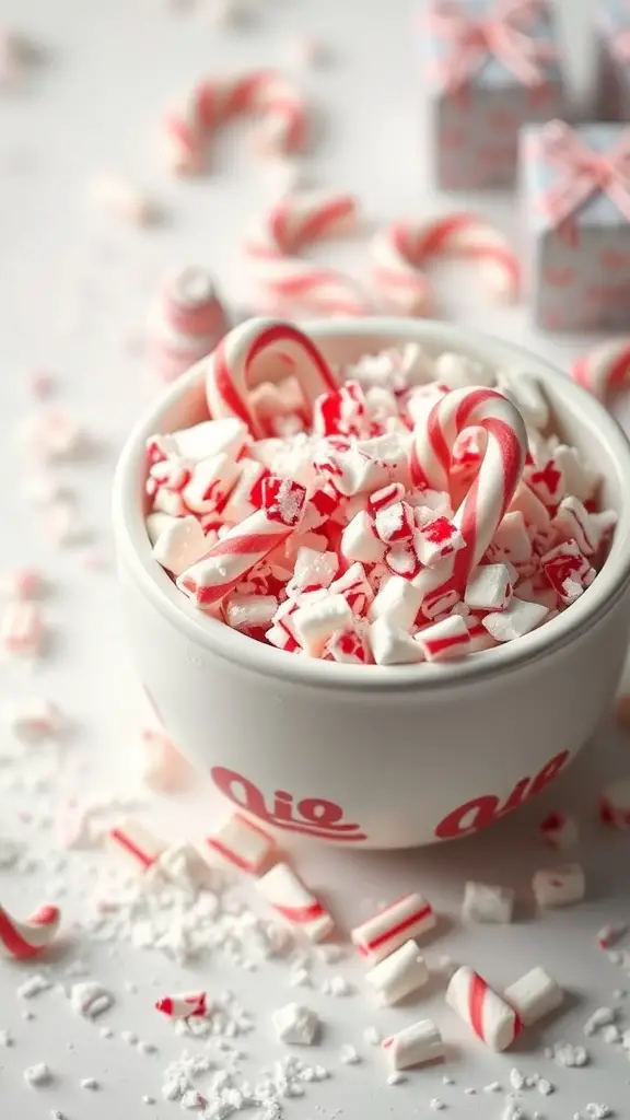 Bowl of crushed candy canes with whole candy canes and peppermint bits scattered around.