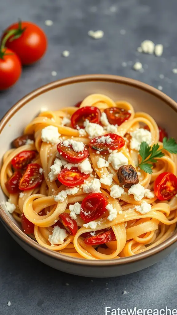 A bowl of fusilli pasta topped with sun-dried tomatoes and feta cheese, garnished with fresh herbs.