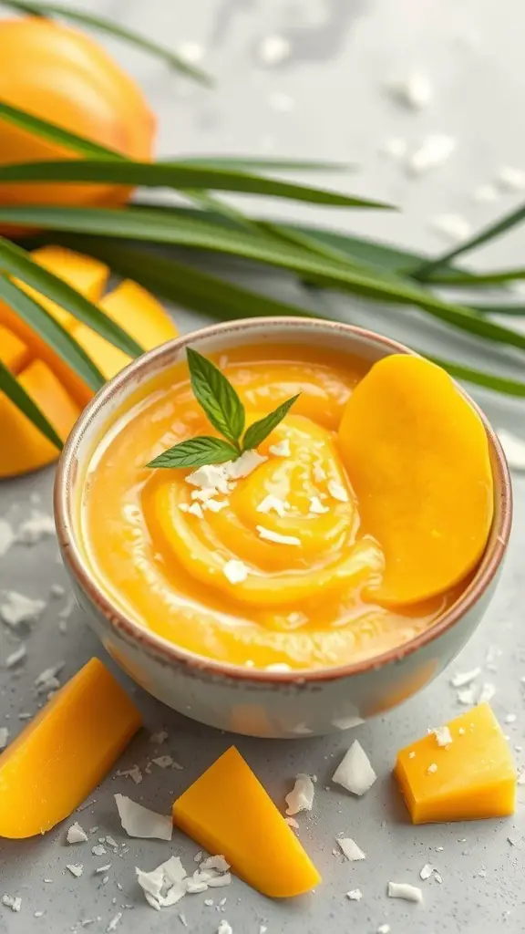 A bowl of mango and coconut puree garnished with mint leaves, surrounded by mango slices and coconut flakes.