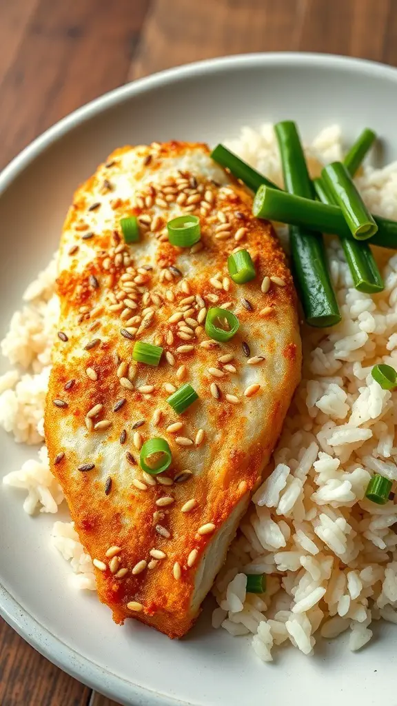 A plate of breaded tilapia served with rice and garnished with green onions.
