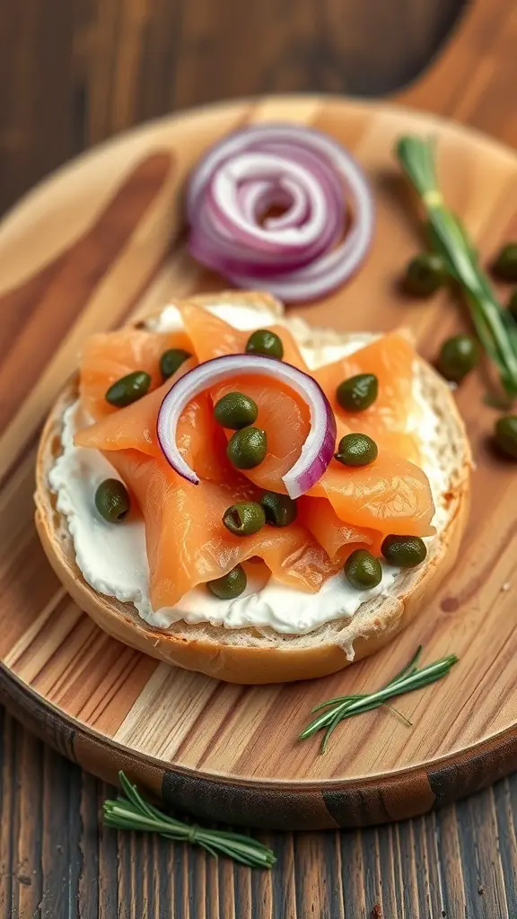 A smoked salmon and cream cheese bagel topped with capers and red onion on a wooden plate.