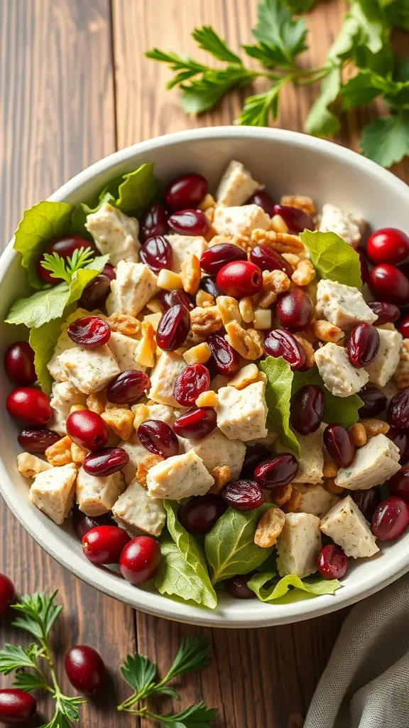 A bowl of wild turkey salad with cranberries, nuts, and greens.