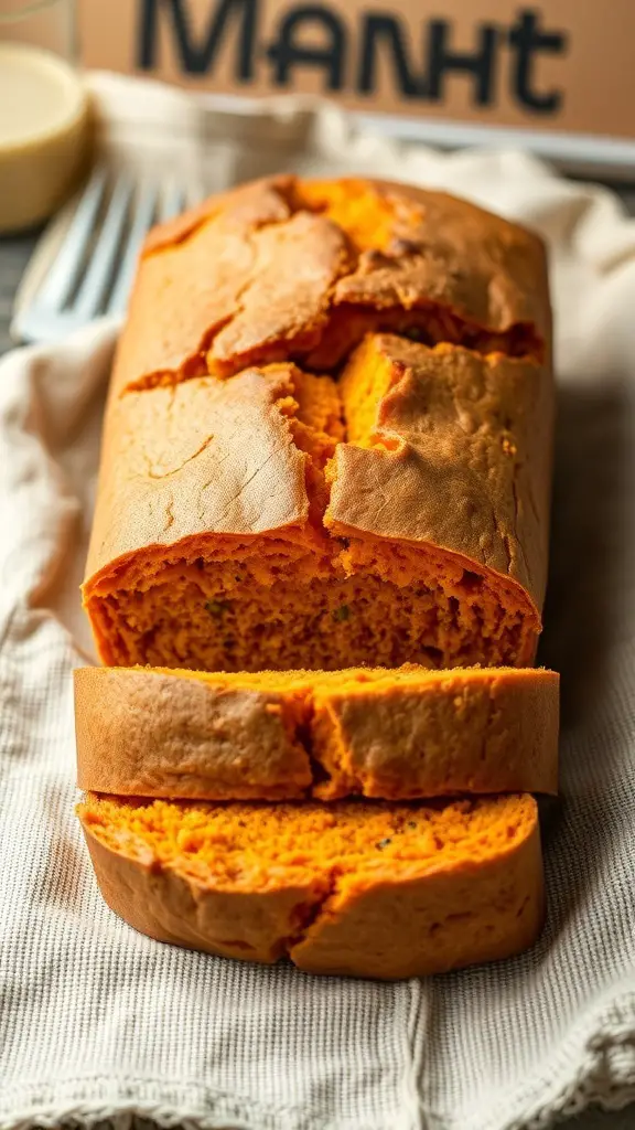 A loaf of sweet potato bread sliced and displayed on a cloth.