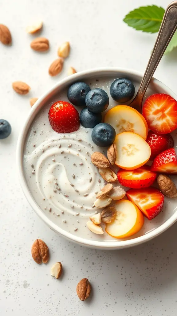 A bowl of chia seed pudding topped with strawberries, blueberries, bananas, and nuts.
