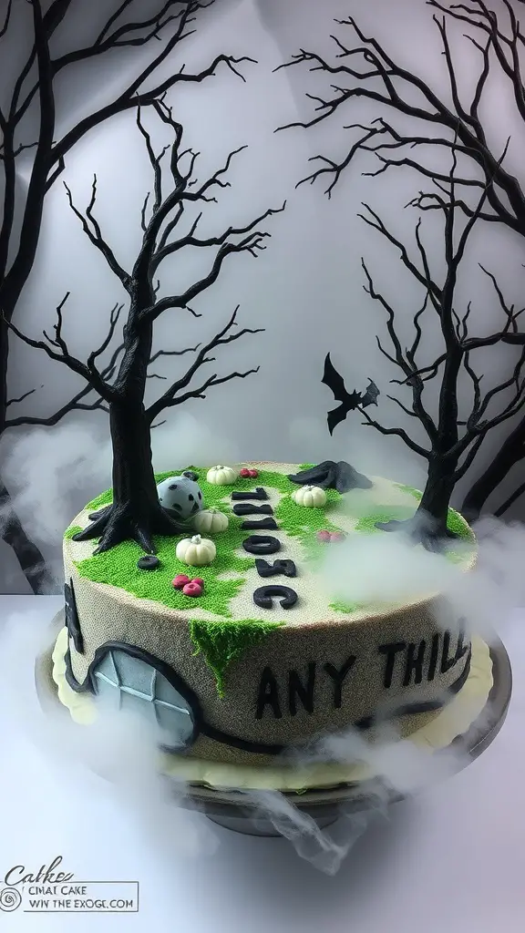 A spooky Haunted Forest Cake featuring dark trees, fog, and Halloween-themed decorations.