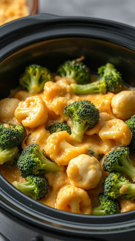 A slow cooker filled with cheesy broccoli and cauliflower bake, featuring pasta and vibrant green broccoli.