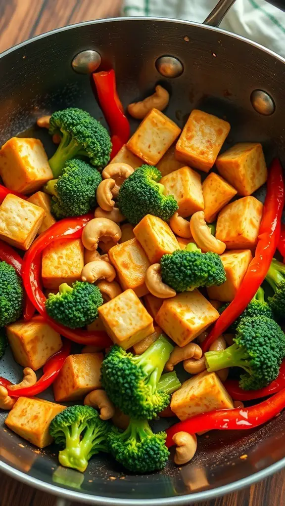 A colorful tofu stir-fry with broccoli, red bell peppers, and cashews in a pan.