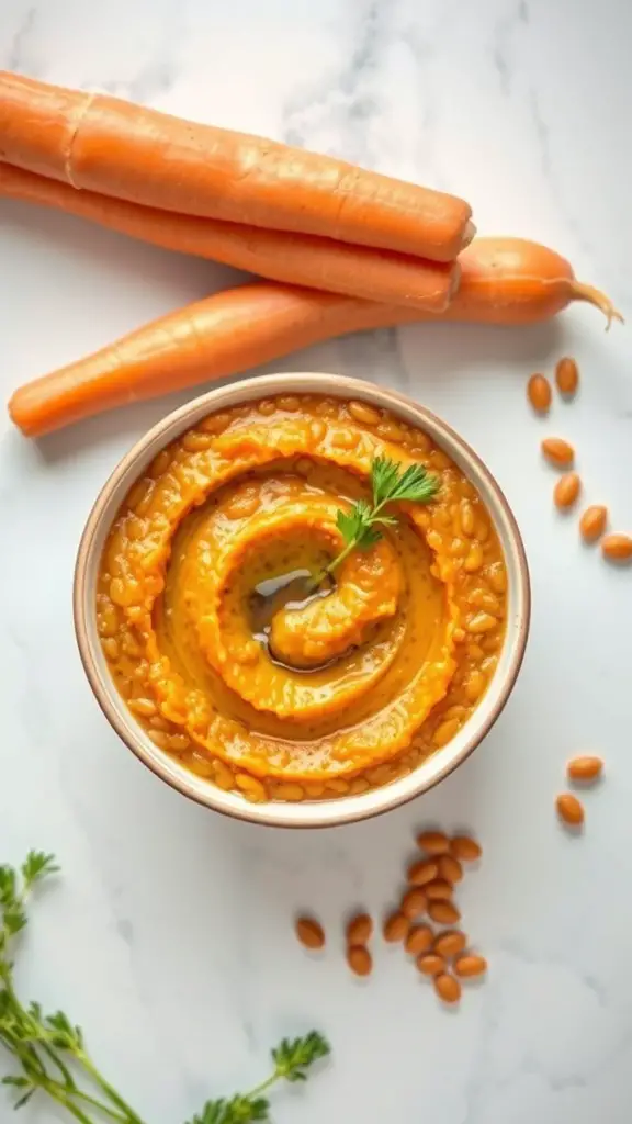 A bowl of lentil and carrot puree with fresh carrots beside it.