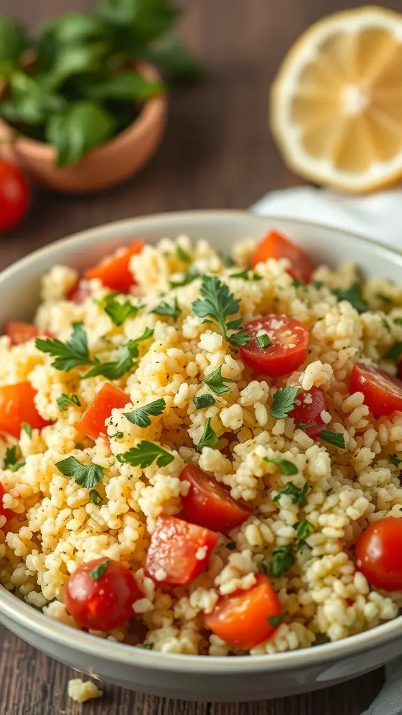 A bowl of couscous salad with cherry tomatoes and parsley, with a lemon half in the background.