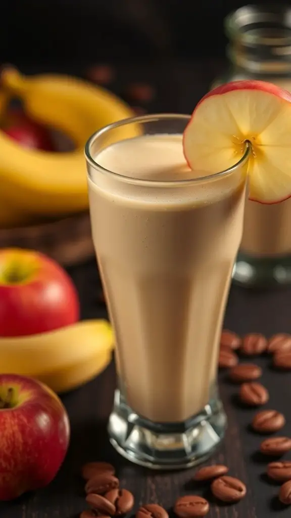 A glass of apple banana smoothie with apples and bananas in the background
