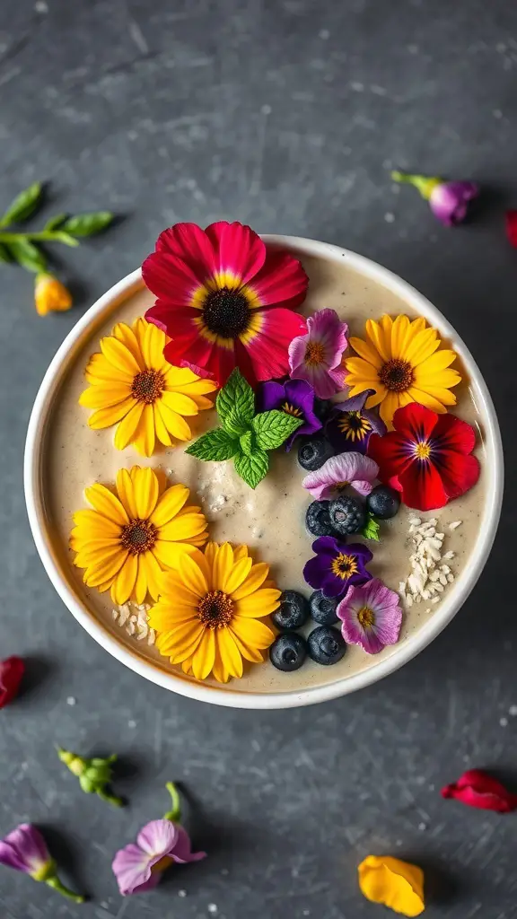 A smoothie bowl topped with colorful edible flowers and blueberries.