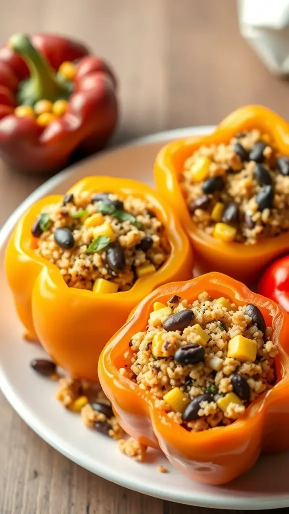 Stuffed bell peppers filled with quinoa, black beans, and corn on a plate.