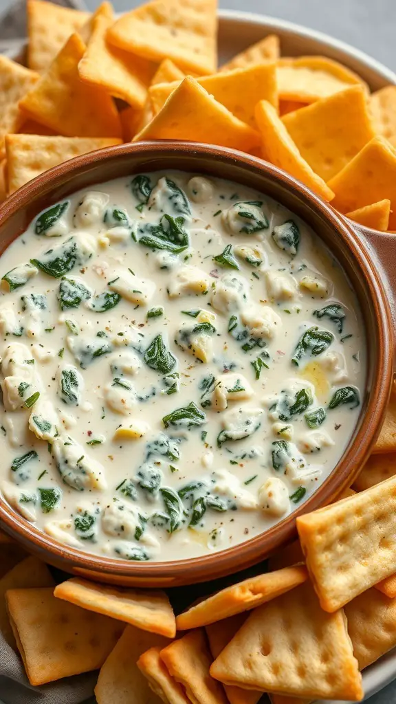 A bowl of creamy spinach and artichoke dip surrounded by crispy crackers.