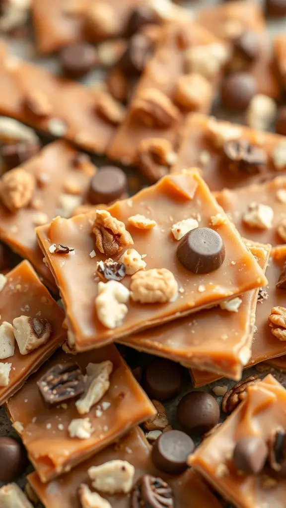 A close-up of sweet and salty Ritz cracker toffee topped with nuts and chocolate.