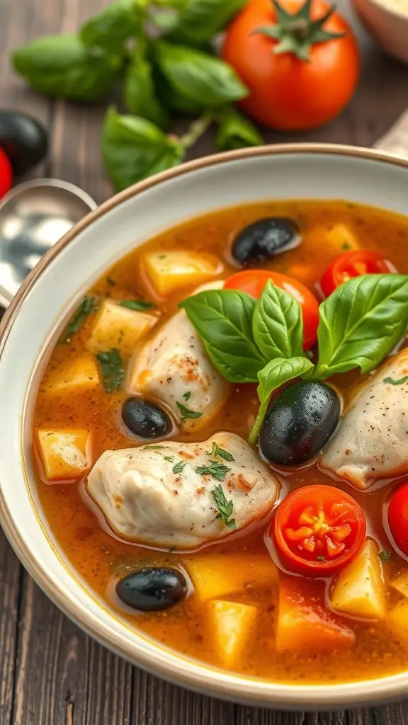 A bowl of Mediterranean chicken soup with tomatoes, olives, and basil.