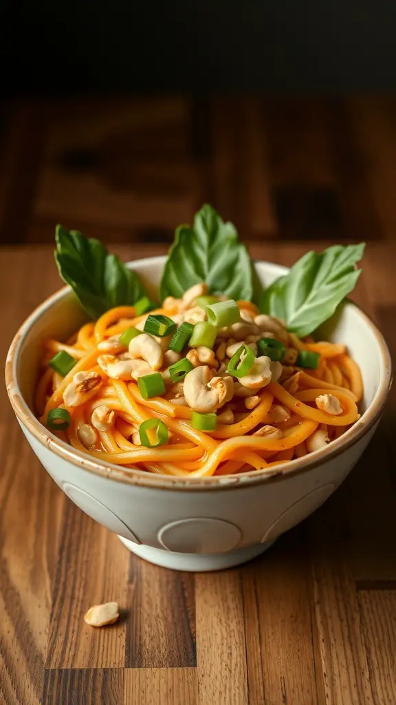 A bowl of Spicy Thai Peanut Noodles topped with peanuts and green onions.