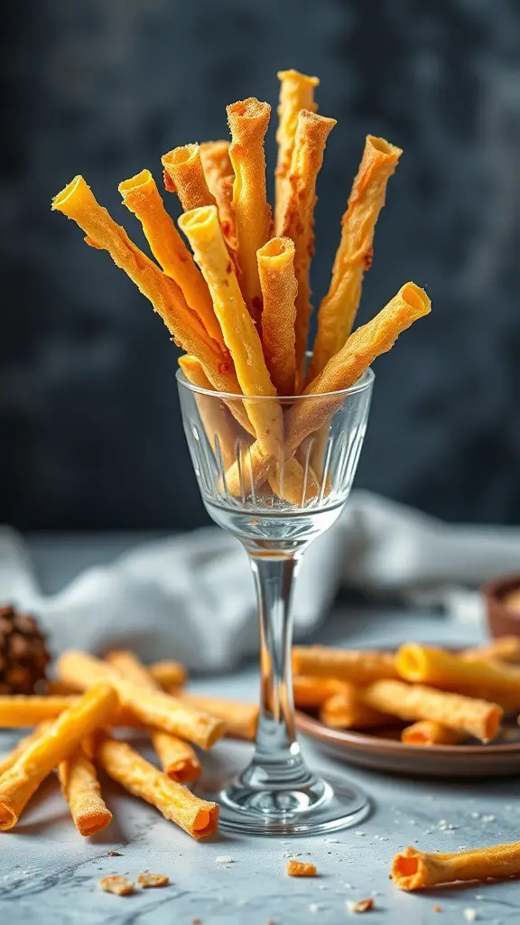 A glass filled with golden cheese straws, with some straws scattered around on a table.