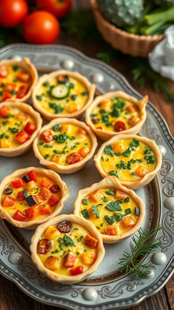 A platter of mini quiches filled with seasonal vegetables, showcasing a variety of colors and textures.